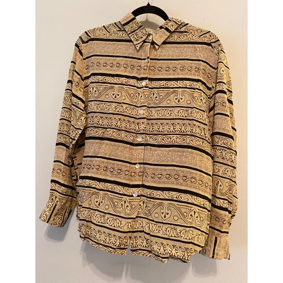 Stunt Tops - Stunt Silk Blouse Button Front Black & Tan Stripes Swirl Print Large